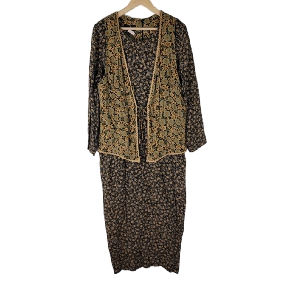 VTG CAROLE LITTLE Maxi Dress Sz 12 Black/Yellow Floral Long Sleeve Back Slit